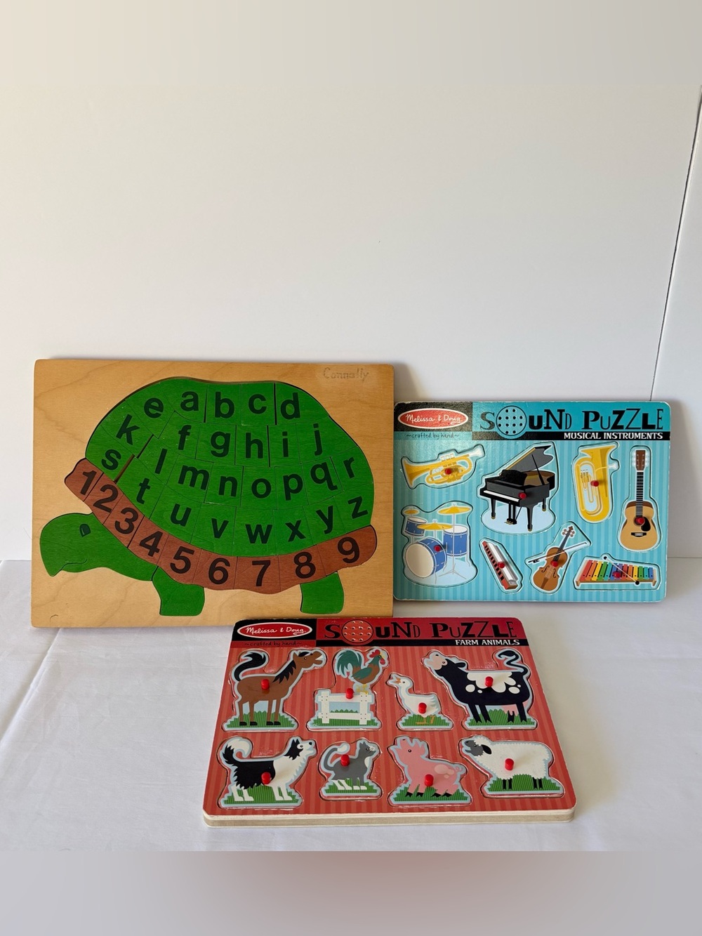 3 Wooden Puzzle Lot Melissa & Doug Sounds Farm Music Chunky ABC Numbers Kids EUC